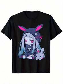 Men's Summer Casual Pure Cotton T-Shirt, Women's Graphic Print T-Shirt - Short Sleeve Crew Neck T-Shirt With Anime Style Character Design, Perfect For Spring And Summer, Black With White Trim, Fashionable Casual Spring And Summer T-Shirt, Short Sleeve Crew Neck Anime Graphic Tee - 白色 - 查看 1