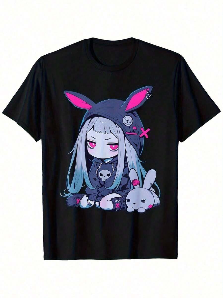 Men's Summer Casual Pure Cotton T-Shirt, Women's Graphic Print T-Shirt - Short Sleeve Crew Neck T-Shirt With Anime Style Character Design, Perfect For Spring And Summer, Black With White Trim, Fashionable Casual Spring And Summer T-Shirt, Short Sleeve Crew Neck Anime Graphic Tee - 白色 - 查看 1