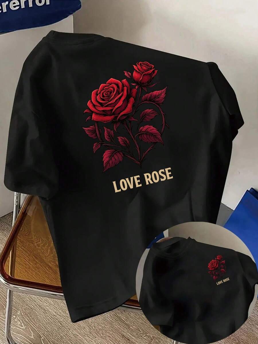 Women's T-Shirt With Black And Red Rose Print - Short Sleeve, Round Neck, Floral Design On Front And Back, Gold 'Love Rose' Lettering - Fitted Blouse For All Seasons, Ideal For Spring And Summer Outfits (Machine Washable) Y2k T-Shirt Shirt - 黑色 - 查看 1