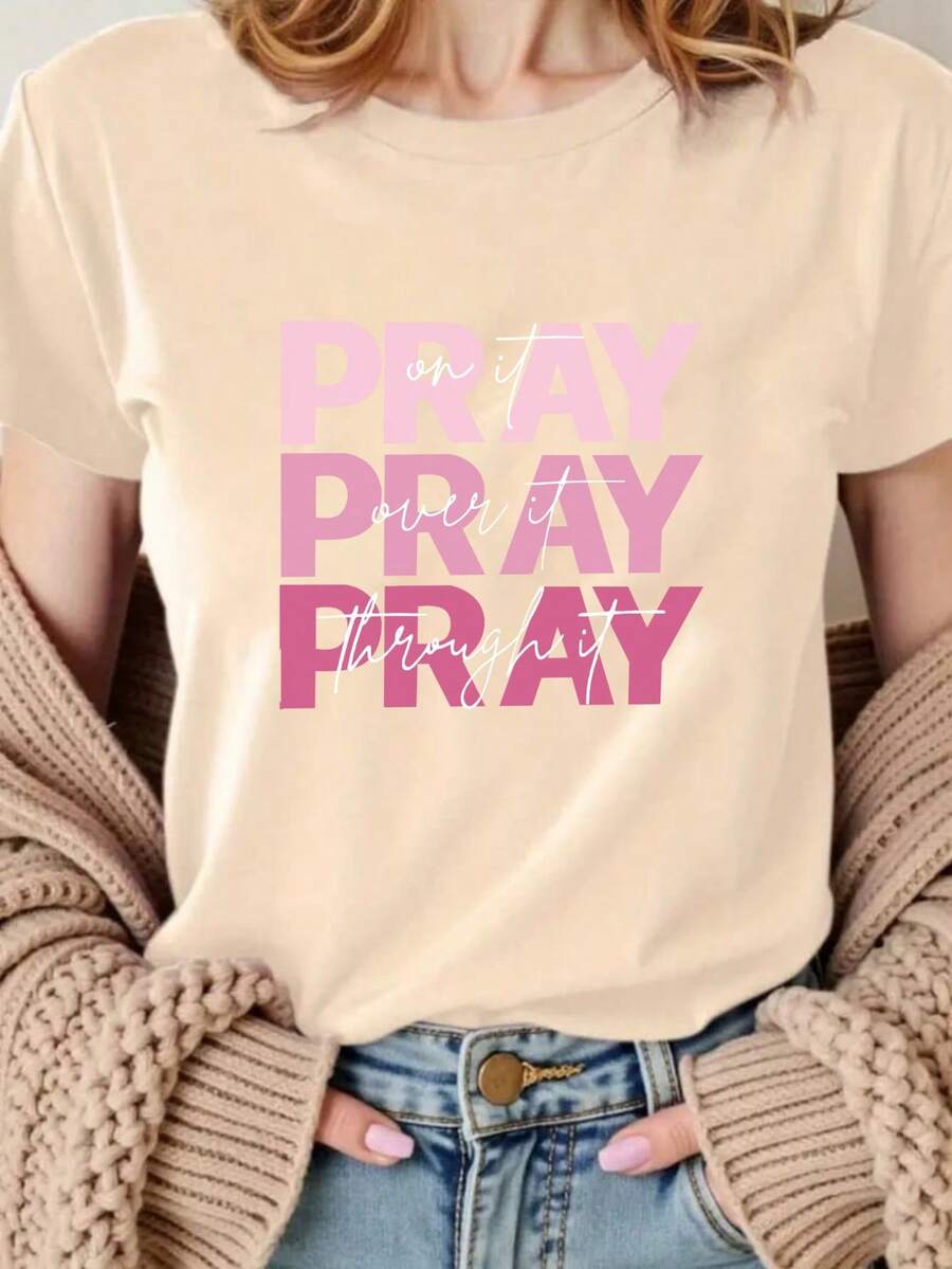 Women's Casual Short Sleeve T-Shirt With "Pray" Print, Round Neck, Standard Size, Women's Clothing, 100% Cotton. - 杏色 - 查看 1