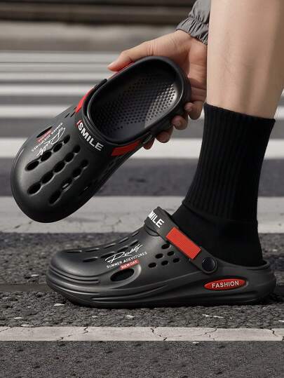 Zapatos con agujeros transpirables para hombres de talla grande, cómodas chanclas con suela gruesa, pantuflas deportivas negras con suelas suaves y rebotantes, de alta apariencia