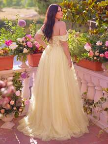 Faeriesty Đầm dạ hội cỡ lớn sang trọng, hở vai, được trang trí bằng họa tiết hoa lấp lánh, thiết kế lãng mạn, phù hợp cho đám cưới, sự kiện thảm đỏ, tiệc gala. - Rượu sâm banh - Xem 2