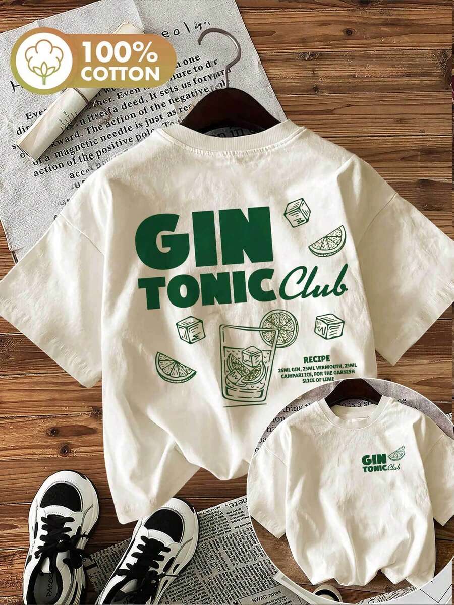 Women's Clothing, Spring/Summer Casual Double-Sided Print T-Shirt, Hand-Painted Style With Design, Lemon Slice, GIN TONIC Club RECIPE, 0.85oz GIN Pattern, Round Neck, Short Sleeve, Solid Color, Fashionable Women's T-Shirt, Women's Shirts. - 杏色 - 查看 1