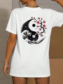 Camiseta de Algodón de 220 g/m² con Estampado Gráfico de Flor Yin Yang, de Doble Cara, Estilo Casual y a la Moda, con Cuello Redondo para Mujer (1 Pieza) - Blanco - Ver 6