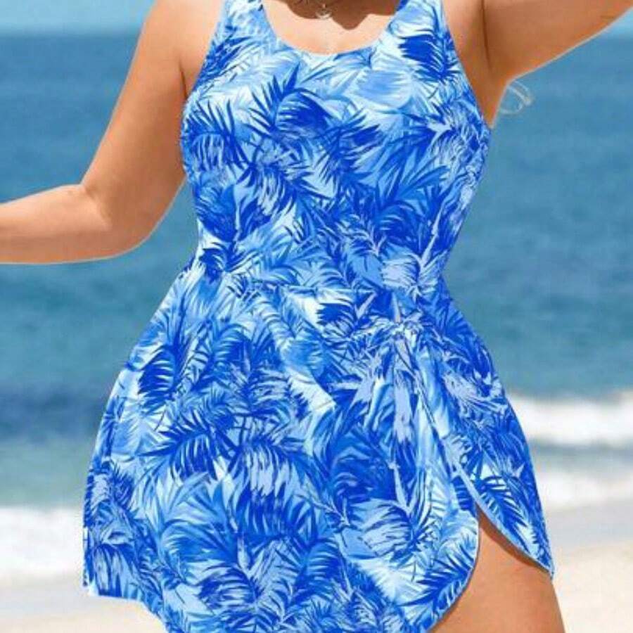 Swim Lushore Plus Size Women Swimsuit Dress With Colorful Leaf Print, Beach Holiday For Summer Beach Vacation - Azul - Ver 1