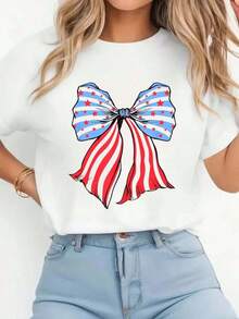Camiseta de Mujer Maija 100% Algodón, Estilo Coqueta Americana, Patriótica Roja, Blanca y Azul para el 4 de Julio - Blanco - Ver 1