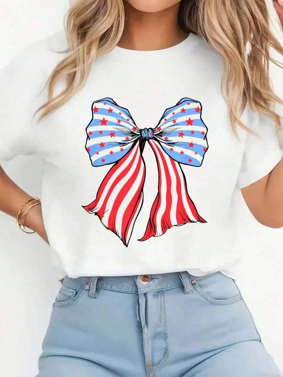 Camiseta de Mujer Maija 100% Algodón, Estilo Coqueta Americana, Patriótica Roja, Blanca y Azul para el 4 de Julio - Blanco - Ver 1