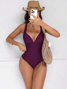Traje de baño de una pieza con control de abdomen y push-up, con parches de color marrón, cordón de ajuste elegante y sexy, para fiestas y piscina - Rojo violeta - Ver 5