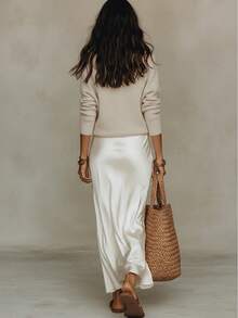 Women's Knit Sweater And Satin Slip Dress Two-Piece Set With - Apricot-colored Suit - View 4