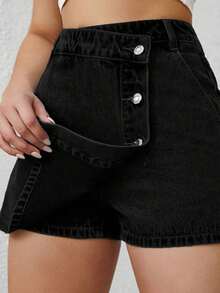 Envoltorio de falda pantalón denim con dobladillo asimétrico de unicolor - Negro - Ver 5