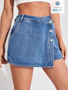 Envoltorio de falda pantalón denim con dobladillo asimétrico de unicolor - Azul - Ver 4