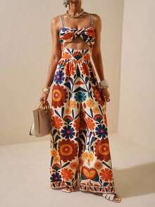 Mono de mujer con estampado floral completo, de pierna ancha y super larga, con diseño retorcido hueco en la cintura delantera, elegante para uso diario, fiesta, vacaciones en la playa o paseo, en color albaricoque - Multicolor 2 - Ver 4