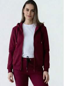 Women's Jogger Sweatpants With Ribbed Leg Cuffs, A Ribbed Waistband With Drawstring, Made From French Terry Fabric - Bordeaux - View 2