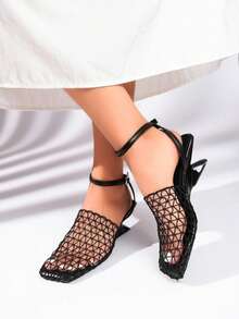 Giày sandal cao gót nữ mới năm 2026, sandal đế xuồng rỗng bằng lưới, sandal mũi vuông gót bất đối xứng dành cho nữ. - màu đen - Xem 3