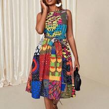 Women's African Mixed Print Sleeveless Round Neck Casual Dress, Random Print - Multicolor - Ver 8