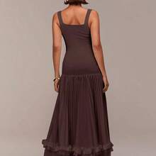 Sleeveless Square Neck Design, Knit Elastic Fabric Patchwork, Pleated Design, Ruffle Trim Detail, Extra Long Women's Dress, Suitable For Parties, Gatherings, Weddings, Spring Festival, Valentine's Day, Dates, Apricot Color, Summer Dress, Wedding Guest Dress, Romantic Dress - Albaricoque - Ver 11