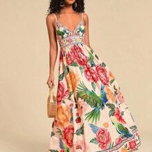 TRVLCHIC Women's V-Neck Maxi Woven Dress With Floral Print, For Spring/Summer Resort,Summer Outfits For Women,Beachwear,Easter,Beach Outfits For Woman,Spring Break,Vacation Outfits Women, Suitable For Holiday , Afternoon Tea, Wedding Season, Beach Cruise Vacation, City Road Trip Vacation, Boho Vacation, Music Festival , Beachwear, Easter, Beach Outfits For Woman, Elegant Dress For Women, Vacation Outfits Women, Concert Outfit Women, Tropical Vacation Woman Clothes, Holiday Outfits, Bohemia - Blanco - Ver 6