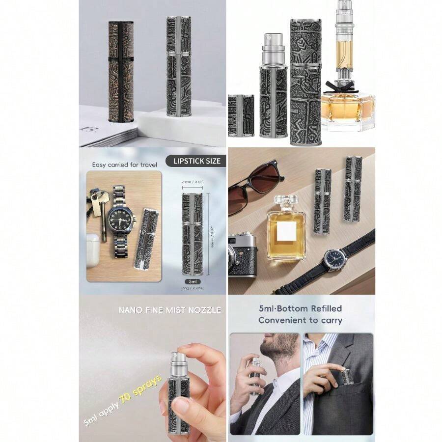 Perfume Bottle 5ml, Ancient Print Leather Refillable Dispenser Bottom Fill Fragrance Scent Container, Portable And Leak-Proof Suitable Traveling Outgoing, AG00AQ (Egypt Prink) - 埃及普林克銀 - 查看 1