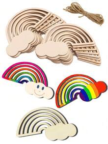 20pcs Unfinished Wooden Rainbow & Cloud Shape DIY Crafts - Versatile DIY Hanging Decor Suitable For Wedding, Valentine's Day, Easter, Christmas And Various Occasions - Unpainted Wooden Decorations For Holiday Celebrations And Home Decor - 20 Hollowed-out Rainbow Wooden Boards - View 1