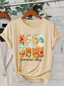 Camiseta de manga corta para mujer, serie "Summer Vibes", con estampado de elementos tropicales de playa, estilo veraniego, cuello redondo, casual, a la moda, para uso diario, estilo retro, para otoño e invierno. Camiseta de manga corta para mujer joven, casual, fresca, linda, elegante, estilo deportivo, cuello redondo, tallas S-XXL, estilo vintage urbano, unisex, holgada, de algodón, manga corta, cuello redondo. - Albaricoque - Ver 12