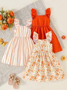 Conjunto de 3 vestidos para niña con cuello cuadrado y volantes acanalados, estampado floral + estampado a rayas + color liso, multicolor, para uso diario, escuela, vacaciones y fiesta, outfit de vuelta al cole - Multicolor - Ver 2