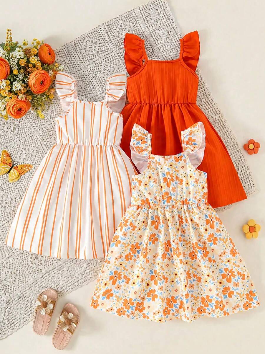 Conjunto de 3 vestidos para niña con cuello cuadrado y volantes acanalados, estampado floral + estampado a rayas + color liso, multicolor, para uso diario, escuela, vacaciones y fiesta, outfit de vuelta al cole