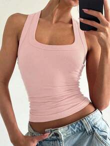 Camiseta de tirantes de mujer Floreya con cuello cuadrado, top corto casual de ajuste ceñido sin mangas, versátil para usar por sí solo o en capas, estilo minimalista francés, apto para todas las estaciones, verano - Rosa Pálido - Ver 2