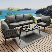Garden Lounger Set, Garden Furniture Set With Comfortable Cushions, 3-Seater Sofa, 2 Armchairs And Coffee Table, For Outdoor Use, Glass Tabletop, Braided Rope Armrests, Galvanized Steel, Grey - Xám - Xem 3