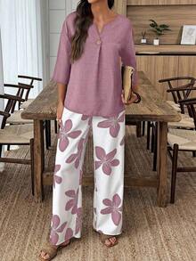 Conjunto de camisa de unicolor y pantalones con estampado floral para vacaciones - Multicolor 7 - Ver 3
