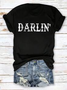 Camiseta de Cuello Redondo con Estampado de Letras Simple Estilo Europeo y Americano para Mujer, Marca Darlin - Negro - Ver 12