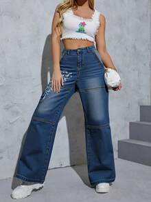 Women's High-Waisted Wide Leg Printed Jeans, Classic Wash, Non-Stretch Fabric, Elegant And Modern Style - 深色水洗藍 - 查看 5