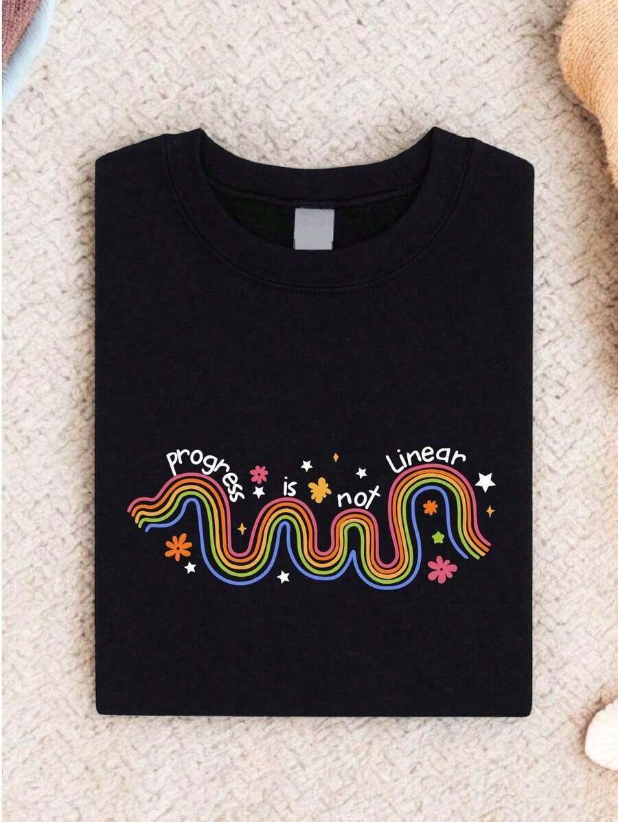 1 "Progress Is Not Linear" T-Shirt, Mental Health Awareness T-Shirt, Motivational Therapy T-Shirt, Inspirational Recovery T-Shirt, Growth Journey T-Shirt FZ-1022180g 100% Cotton - 黑色 - 查看 1