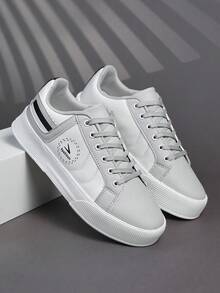 Men's Casual Lace-Up Patchwork Skateboard Shoes, Fashionable Daily Versatile Comfortable Athletic Sneakers For School And Street - Light Grey - View 5