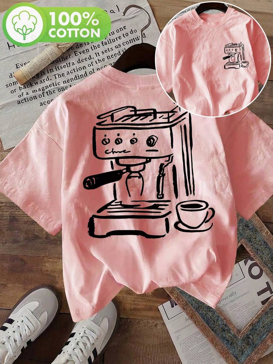 2026 New Casual Round Neck T-Shirt, Summer Staple [Double-Sided Print] Women's Fashion Top, Women's Summer Wear, Simple Style, Coffee Machine, Coffee Cup, Line Art Print, Round Neck Pure Cotton Short Sleeve T-Shirt, Soft Crew Neck Short Sleeve, Daily Wear - 粉紅色 - 查看 1