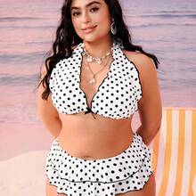 Swim Mod Plus Size Women 2pcs Black Polka Dot Print Halter Tie Sexy Beach Vacation Bikini Swimsuit - Azul Marino - Ver 4