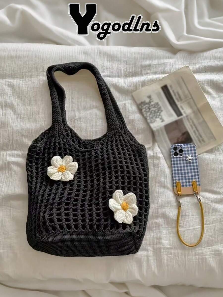 Yogodlns Knitted Tote Bag Woven Hobo Bag Large Capacity Fashion Tote Handbags With Flower Decor Casual Beach Bag Simple Summer Bag Women's Knitted Shoulder Bag Summer Handbag Ins Large Capacity Shopping Tote Bags Woven Hollow Mesh Beach Bags Cool Girl - Black - View 1
