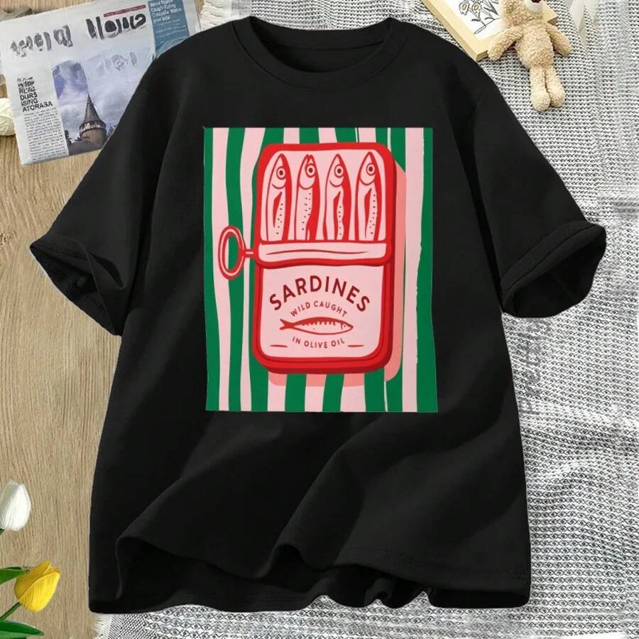 Camisetas de manga corta para mujer, 100% algodón, cuello redondo, camiseta con estampado vintage de lata de sardinas, impresión a una cara, top casual de manga corta, estampado retro de rayas y comida, transpirable y cómoda para uso diario para hombres/mujeres. - Negro - Ver 1