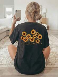 [Impresión a Doble Cara] Estilo Casual de Primavera y Verano para Mujer con Cuello Redondo y Mangas Cortas, con Motivos de Girasoles, Luz Solar Brillante y Vida Vibrante. Camiseta estampada, tela transpirable y lavable a máquina, adecuada para un uso cómodo en todas las estaciones - Estilo retro casual, unisex, camiseta cómoda de algodón de manga corta y cuello redondo. - Negro - Ver 3
