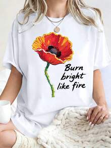 Camiseta para Mujer con Estampado de Flores, Cuello Redondo, Manga Corta, Diseño Y2K Casual, Ideal para Verano - Blanco - Ver 1