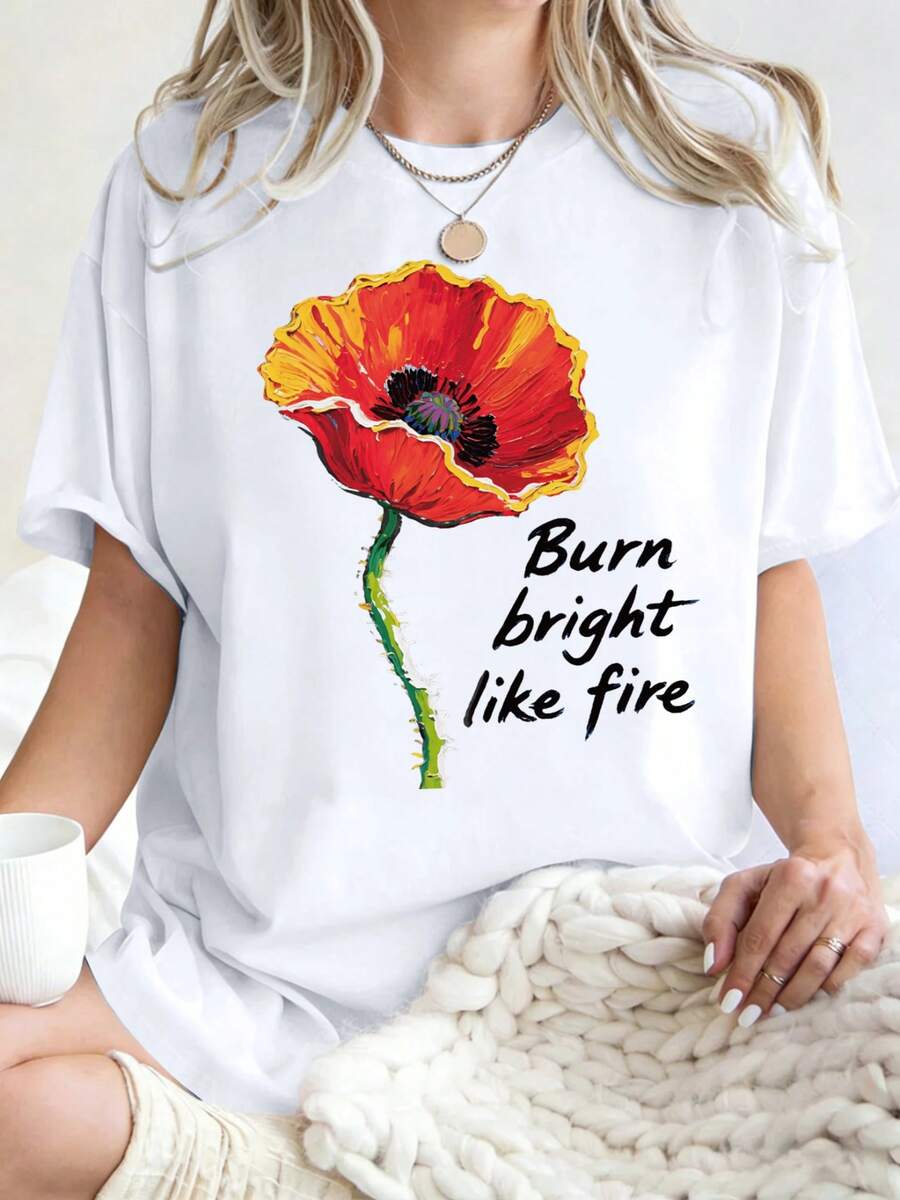Camiseta para Mujer con Estampado de Flores, Cuello Redondo, Manga Corta, Diseño Y2K Casual, Ideal para Verano - Blanco - Ver 1