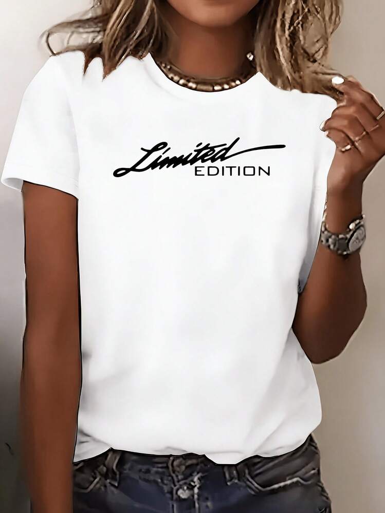 Women's Turquoise Blue Elegant Round Neck Short Sleeve T-Shirt - Limited Edition With Cursive Letter And Number Print, Breathable Polyester Top Casual To Semi-Formal Spring/Summer, Machine Washable. - White - View 1