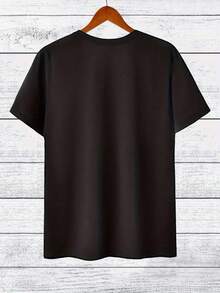 Camiseta manga corta cuello redondo 100% algodón, estampado trendy, tejido ligero y ventilado, estilo moda casual, apta para vida diaria, salidas informales y citas en primavera, verano y otoño - Negro - Ver 2