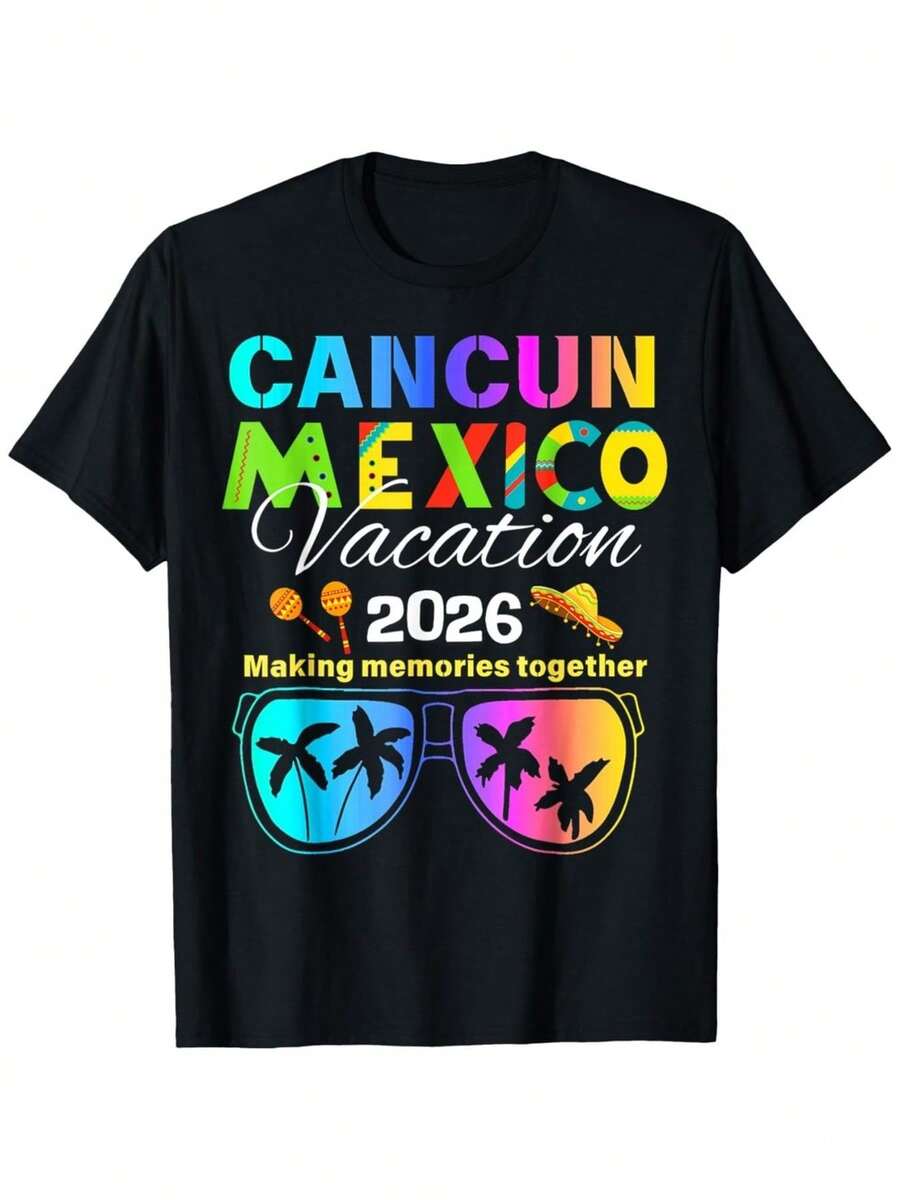 Cancun Mexico 2026 Group T-Shirt| Colorful Tropical Design With Palm Trees And Hats, Ultra Soft And Breathable, Comfortable Fit Crew Neck Summer Casual T-Shirt For Travel And Group Outfits, All Season Wear. - 黑色 - 查看 1