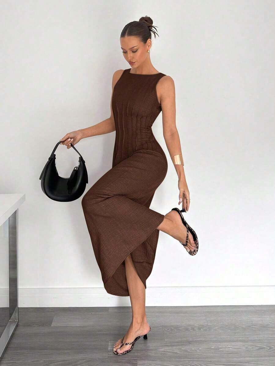 Nuevo vestido largo de verano con corte en la cintura y diseño fruncido, estilizador - Café integral - Ver 1