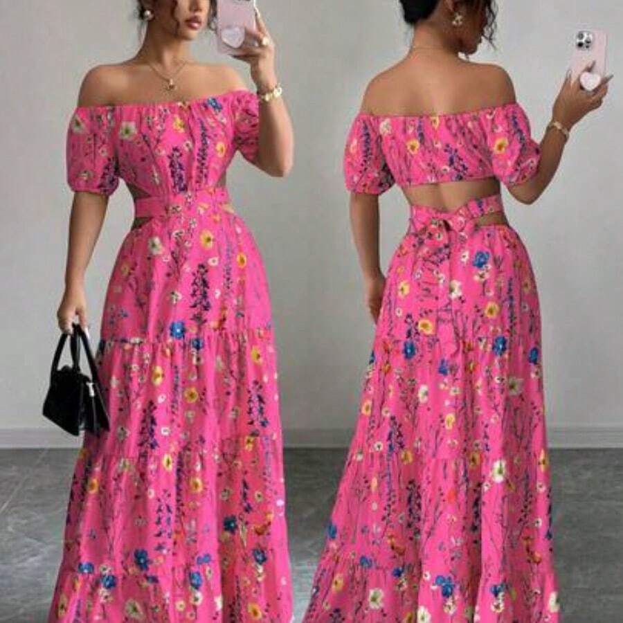 Elenzya 1pc Women's Backless Off Shoulder Strappy Elegant Long Dress - Rosa Fucsia - Ver 1