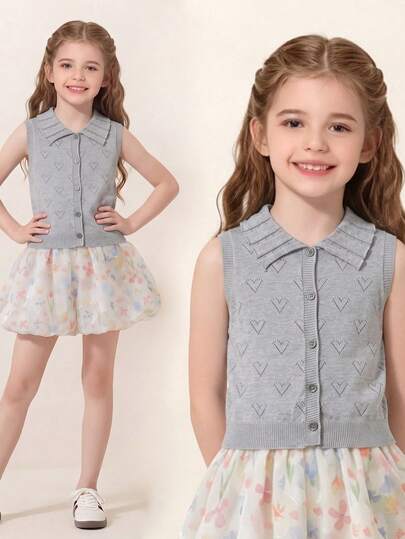 Young Girls' Casual Knit Sweater Vest, Summer | Versatile Everyday Knit Top | Original Design | Girls' Summer New Arrival School Style Knit Top | Collar Design | Floral Gray | Knit Cardigan | Vest | Cardigan | Girl | Girls' | Top Amount