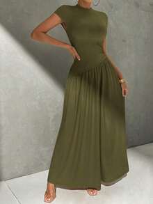 Vestido de línea A de manga corta, de cuello, ajustado, con bajo asimétrico, de uso diario, de estilo minimalista y elegante - Verde militar - Ver 4
