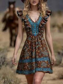 Women's Dress With Localized Print, New Spring-Summer 2026 Collection - Brown - View 6