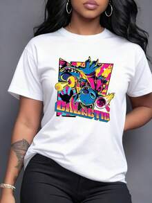 Figura colorida que representa un universo galáctico con personajes espaciales alegres y energía vibrante llena de luz y fantasía camiseta de mujer casual y cómoda para uso diario - Blanco - Ver 1