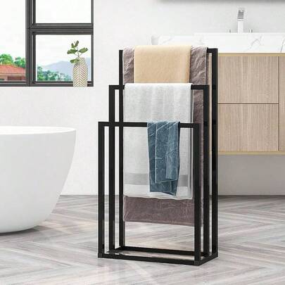 3 Arm Freestanding Towel Rack For Bathroom, Black Metal Towel Stand Holder For Hand Towels, Bath Towels, Modern Bathroom Organizer